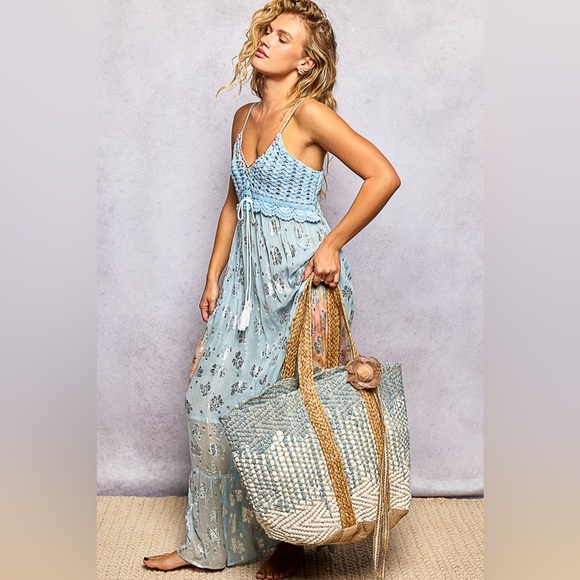 POL-Denim Crochet Jute & Cotton Woven Boho Carryall Oversized Tote Bag - Picture 6 of 6